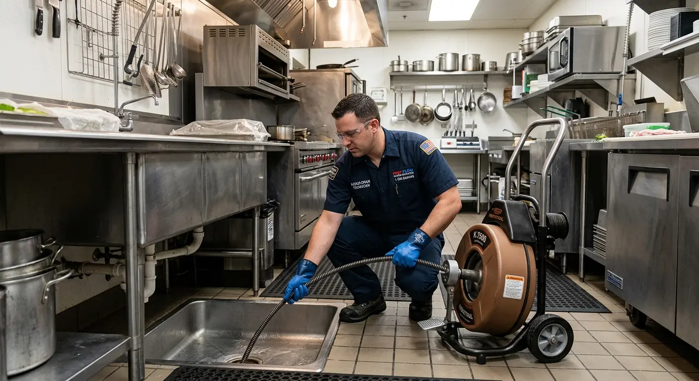 Commercial drain cleaning service in a restaurant kitchen in Harwinton