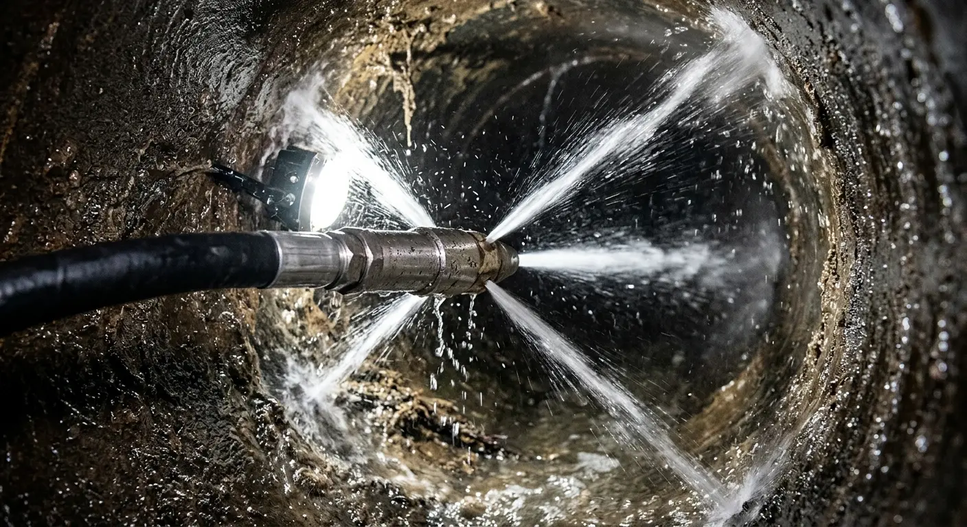 High-pressure hydro jetting nozzle cleaning sewer pipe for Sewer Cleanout in Harwinton